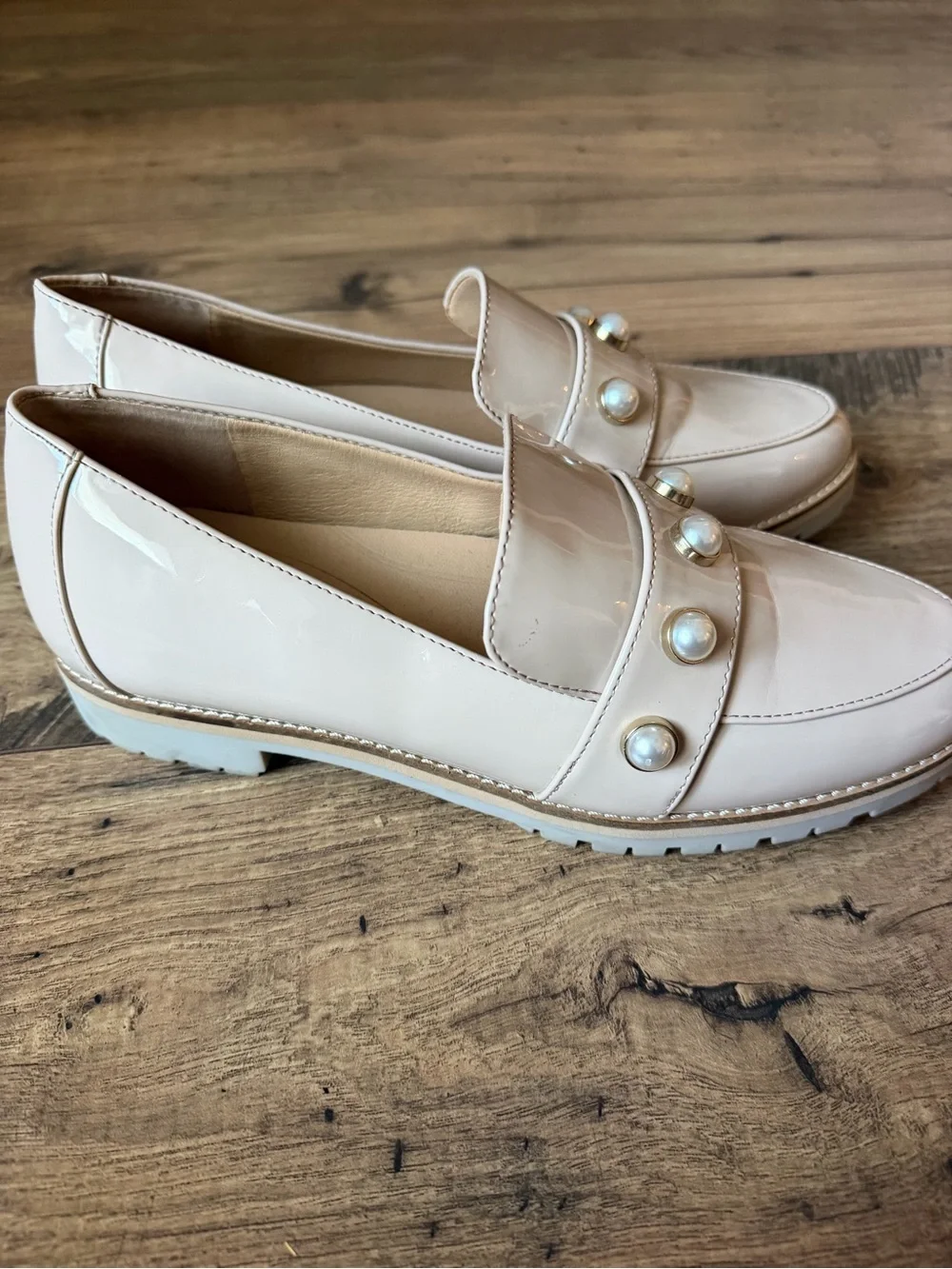 Alex Marie Nude Patent Pearl Loafers | Size 9.5 | pale blush pearl embellishment
